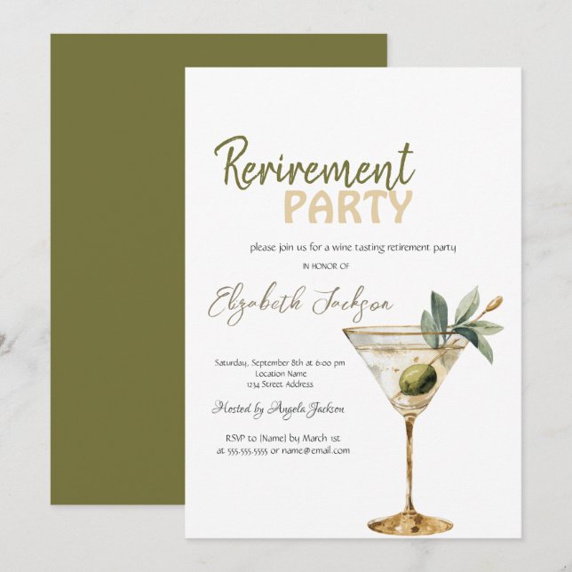 Invitation Verre à Martini à l'aquarelle Fête de retraite (Devant / Derrière)