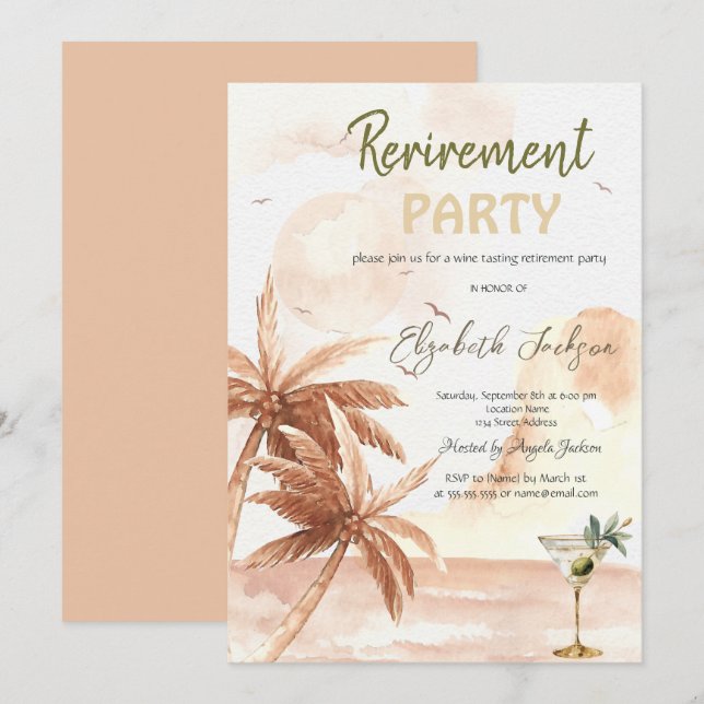 Invitation Verre à Martini Aquarelle Palmiers Rustiques Retra (Devant / Derrière)