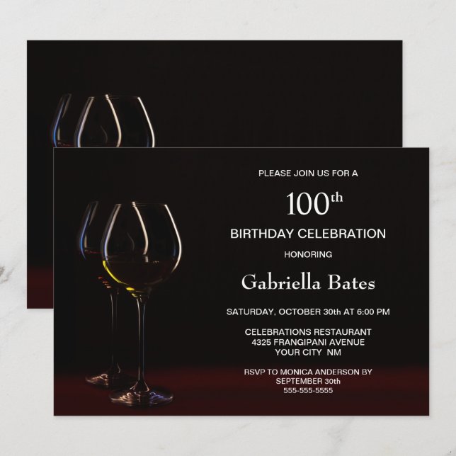 Invitation Verre à vin 100e fête d'anniversaire (Devant / Derrière)