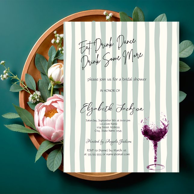 Invitation Verre à vin aquarelle rayé vert Shower de mariage (Créateur téléchargé)