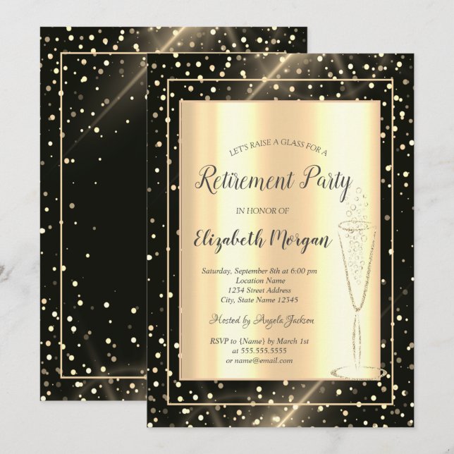 Invitation Verre à vin avec confettis dorés élégants pour dép (Devant / Derrière)