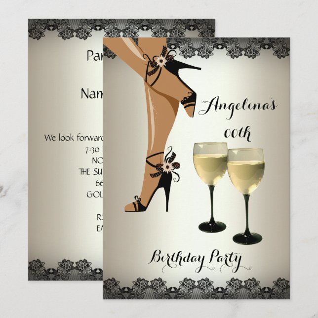 Invitation Verre à vin Chaussures noires Crème Fête d'anniver (Devant / Derrière)