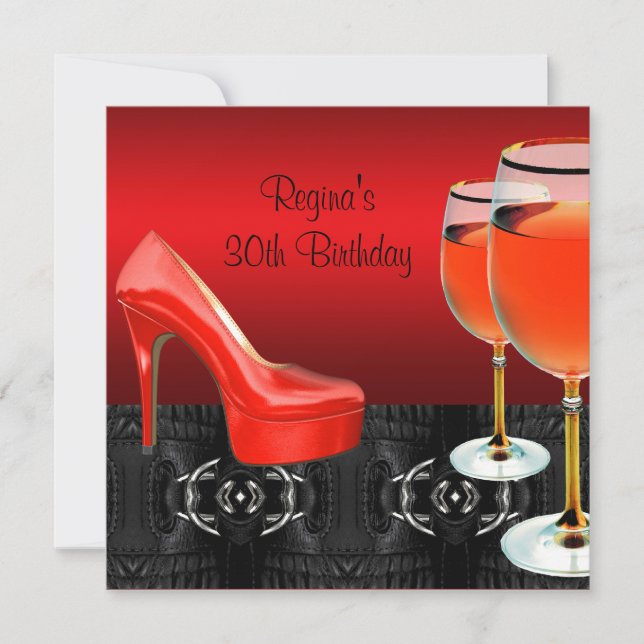 Invitation Verre à vin Chaussures Rouges Talons Hauts 30e Ann (Devant)