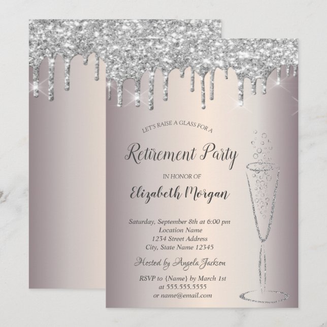 Invitation Verre à vin chic gouttes de paillettes argentées R (Devant / Derrière)