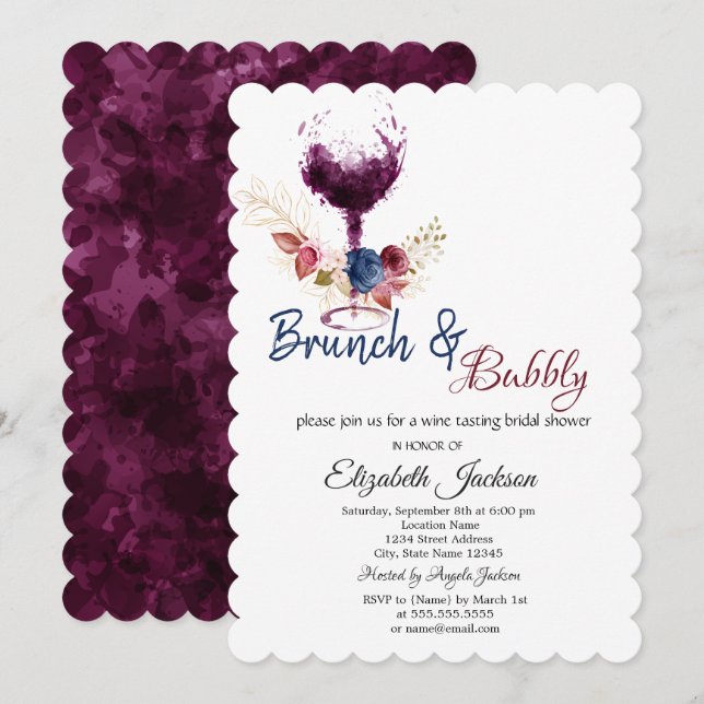 Invitation Verre à vin, fleurs, brunch et champagne Shower de (Devant / Derrière)