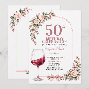 Invitation Verre à vin floral bohème rose pour 50e anniversai