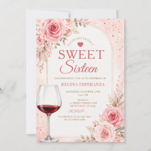 Invitation Verre à vin floral rose pour un anniversaire Sweet