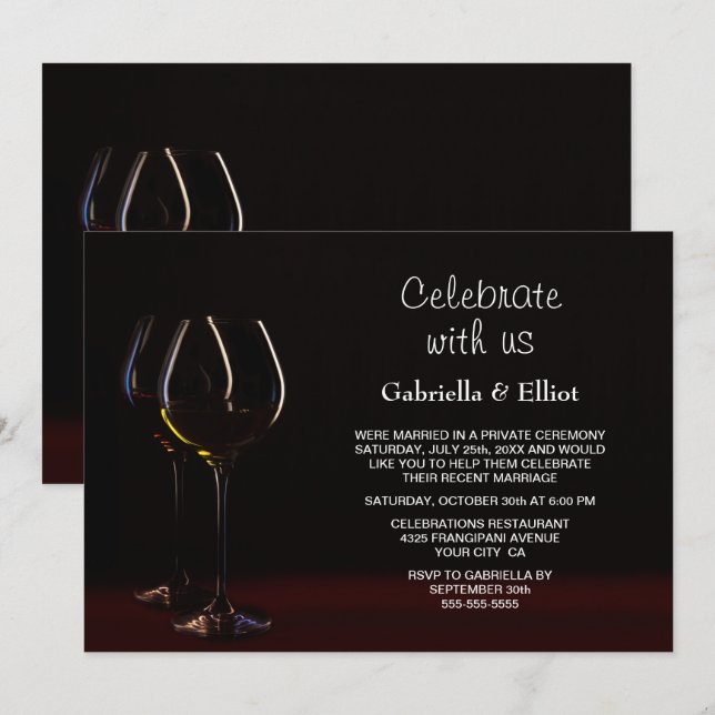 Invitation Verre à vin noir pour réception de mariage moderne (Devant / Derrière)