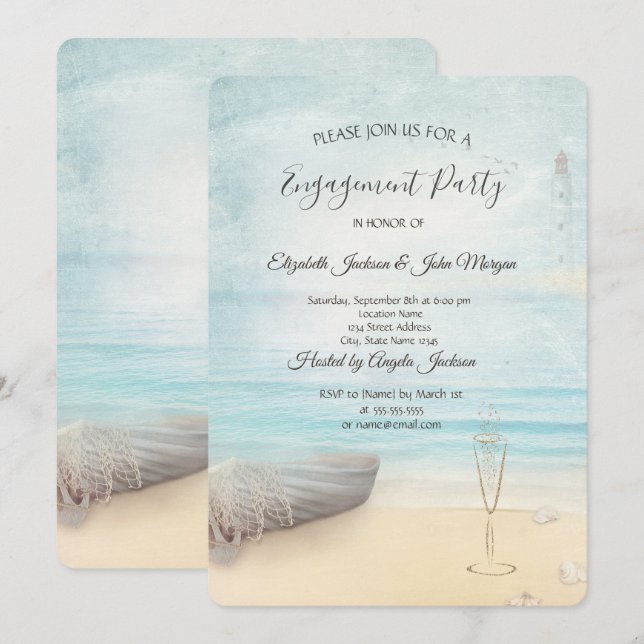 Invitation Verre à vin Phare Bateau de Plage Fiançailles (Devant / Derrière)