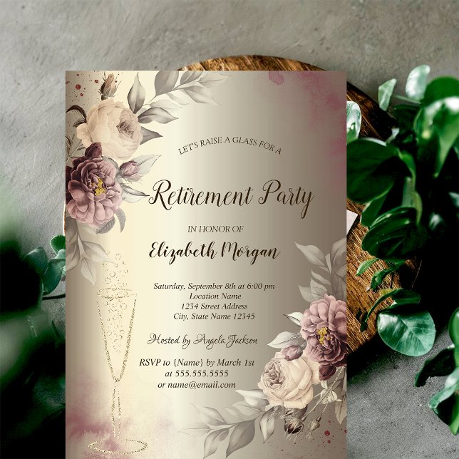 Invitation Verre à vin Roses Champagne Retraite (Créateur téléchargé)