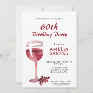 Invitation Verre à vin rouge aquarelle Fête d'anniversaire 60