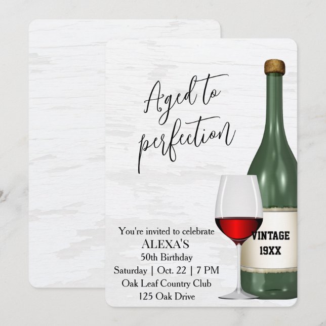 Invitation Verre à vin rouge et bouteille pour fête d'anniver (Devant / Derrière)