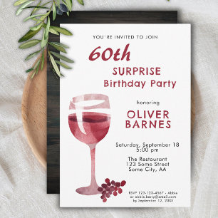 Invitation Verre à vin rouge Fête surprise pour 60 ans