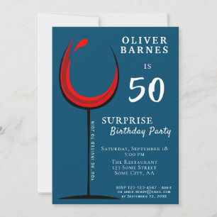 Invitation Verre à vin rouge moderne Fête surprise pour 50e a