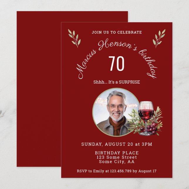 Invitation Verre à vin rouge rustique Olive Photo 50e anniver (Devant / Derrière)
