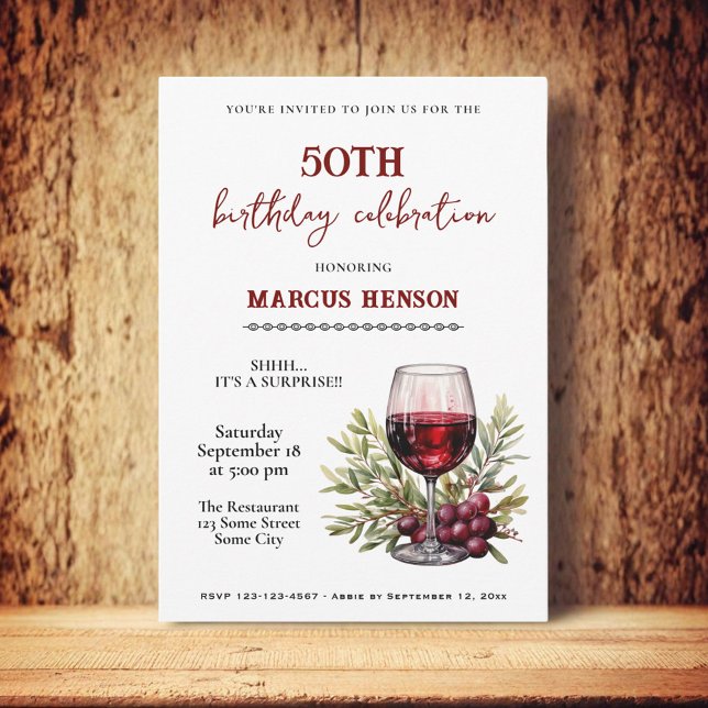 Invitation Verre à vin rustique Fête surprise pour 50e annive (Créateur téléchargé)