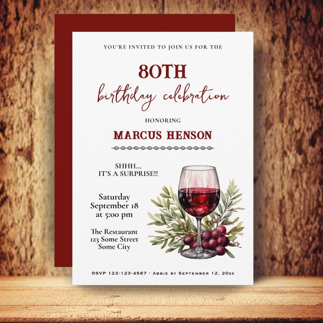 Invitation Verre à vin rustique Fête surprise pour 80 ans  (Créateur téléchargé)