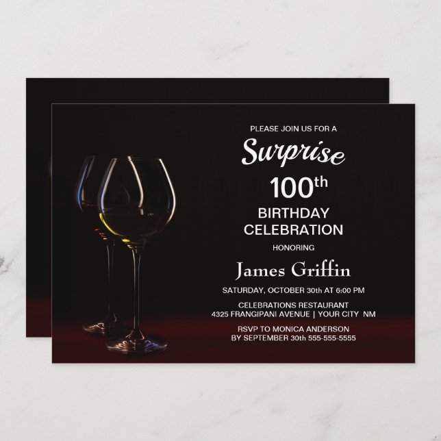 Invitation Verre à vin Surprise 100e fête d'anniversaire (Devant / Derrière)