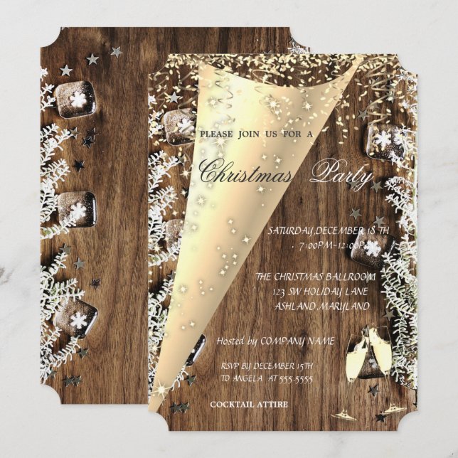 Invitation Verre à vin, Texture de bois  Fête de Noël d'entre (Devant / Derrière)