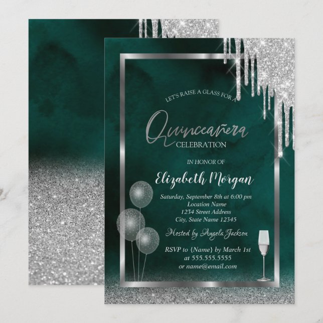 Invitation Verre,Ballons,Gouttes de paillettes,Quinceañera ve (Devant / Derrière)