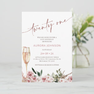 Invitation Verre de Champagne Floral Blush 21e anniversaire