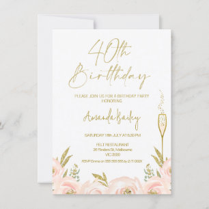 Invitation Verre de champagne floral moderne 40e anniversaire