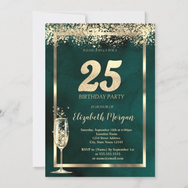 Invitation Verre de Champagne Gold Confetti Vert 25e annivers (Devant)