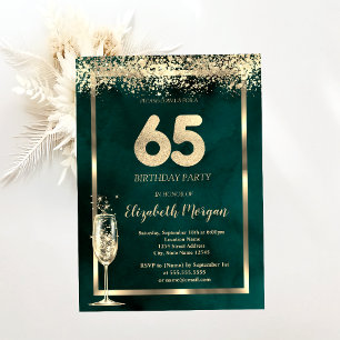 Invitation Verre de Champagne Gold Confetti Vert 65e annivers