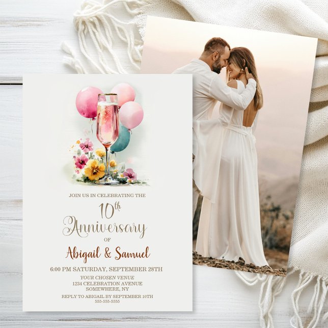 Invitation Verre de Champagne rose 10e anniversaire de Mariag (Créateur téléchargé)