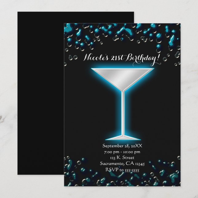 Invitation Verre de martini électrique bleu lumineux pour fêt (Devant / Derrière)