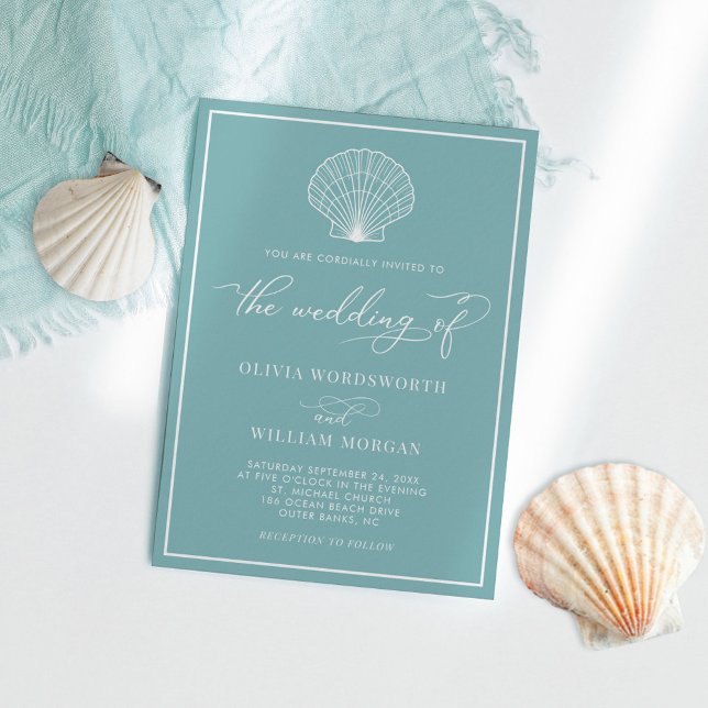 Invitation Verre de mer Bleu Elegant Mariage de coquillages d (Créateur téléchargé)