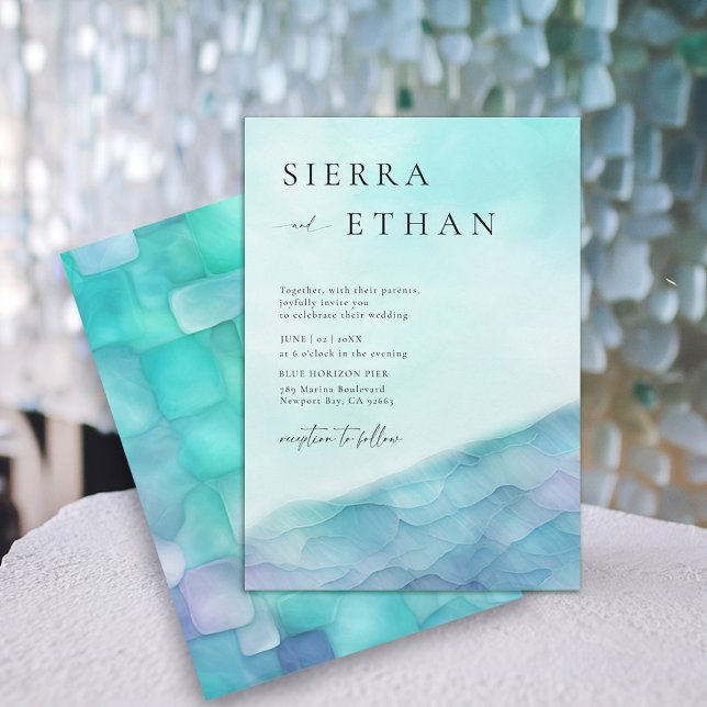 Invitation Verre de mer côtière 2 Lavande Turquoise Mariage é (coastal wedding invitation sea glass teal blue lavender purple modern ocean beach elegant romantic)