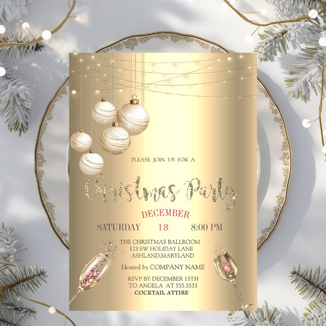 Invitation Verre de vin, Lumières, Boules Gold Christmas Comp (Créateur téléchargé)