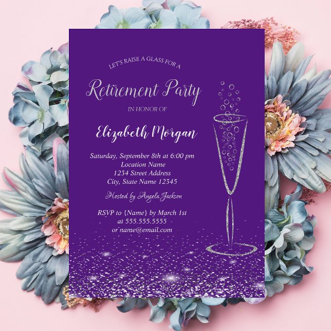 Invitation Verre élégant argent confettis violet retraite (Créateur téléchargé)