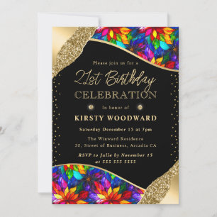Invitation Verre multicolore et doré pour 21e anniversaire