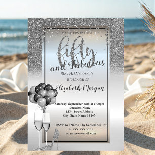 Invitation Verre Pailleté Argent,Fête d'anniversaire 50 ans B