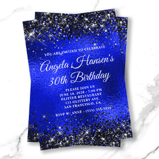 Invitation Verre Pailleté Noir Bleu Royal 30e Anniversaire