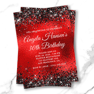 Invitation Verre Pailleté Noir Feuille Rouge 30e Anniversaire