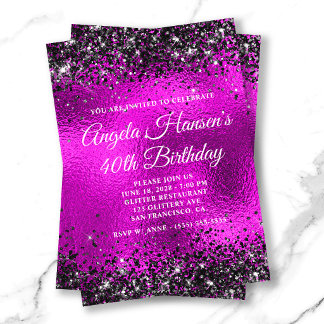 Invitation Verre pailleté noir rose chaud 40e anniversaire