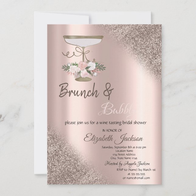 Invitation Verre, Paillettes de rose doré Bokeh Brunch & Bubb (Devant)