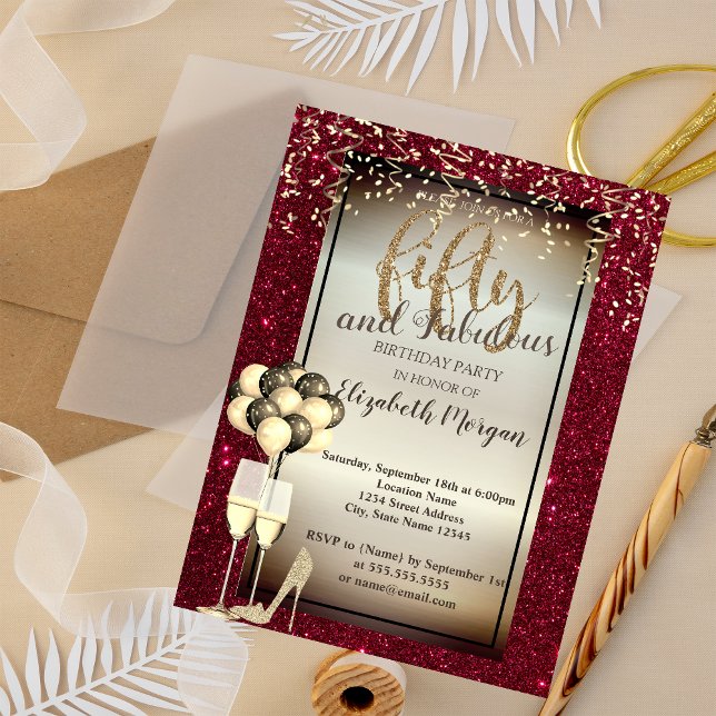 Invitation Verre Parties scintillant or, Ballons Rouge 50e an (Créateur téléchargé)