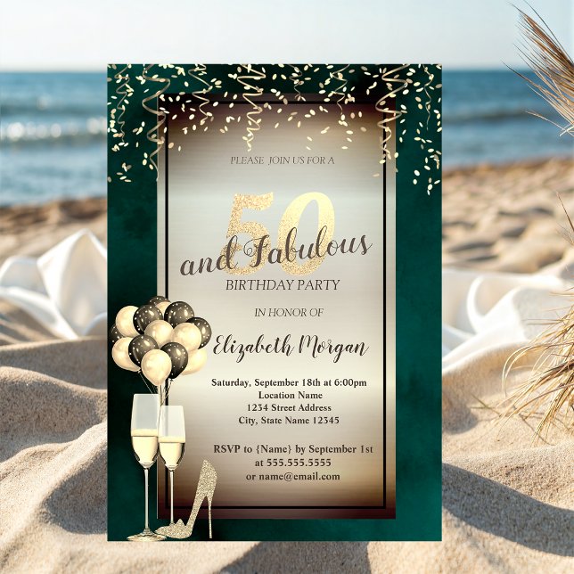 Invitation Verre Parties scintillant or, Ballons Vert 50e ann (Créateur téléchargé)