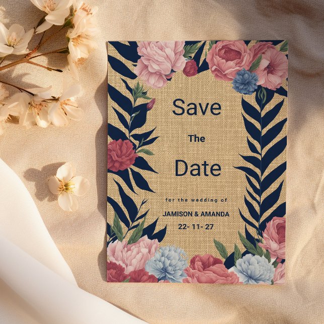 Invitation Verre rustique bleu marine rose floral Enregistrer (Rustic ivory navy blue pink floral Save The Date)