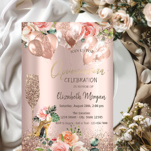 Invitation Verre, talons hauts, Roses, Balloons Quinceañera