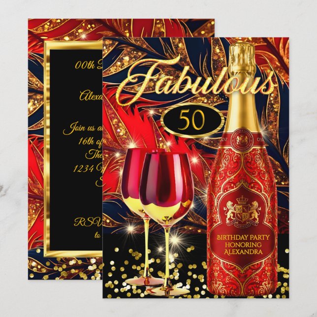 Invitation Verres à champagne dorés pour fête d'anniversaire  (Devant / Derrière)