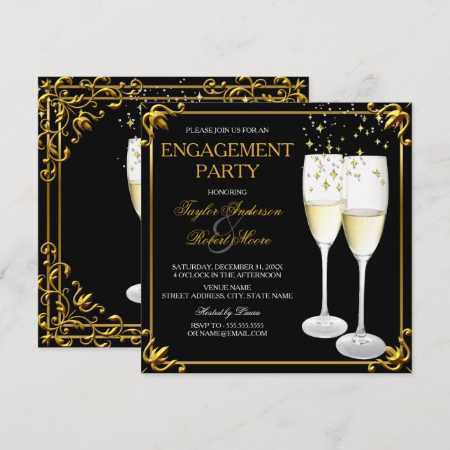 Invitation Verres à Champagne Fête de Fiançailles en Or  (Devant / Derrière)