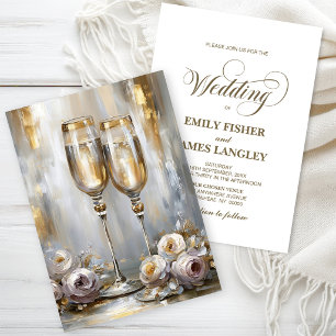 Invitation Verres à Champagne Fleuris Dorés Mariage