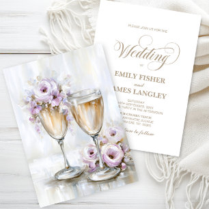 Invitation Verres à Champagne Fleuris Rose Rustique Mariage