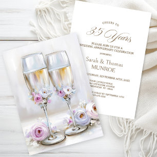 Invitation Verres à Champagne Fleuris Roses 35e Anniversaire