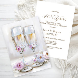 Invitation Verres à Champagne Fleuris Roses 40e Anniversaire
